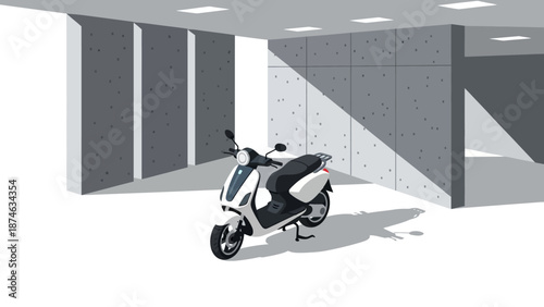 Modern urban scooter in minimalistic architectural interior setting