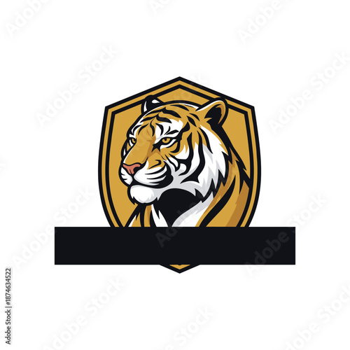 A fierce tiger head emblem within an ornate shield design golden and bold