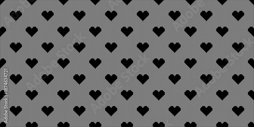 Black heart lace mesh seamless pattern. Vector background of tulle net texture with polka dot hearts. Trendy coquette aesthetic and gothic romance backdrop for fashion design.