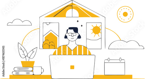 Remote worker in home office with laptop and sunny outlook