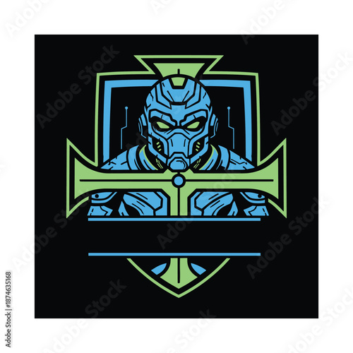 Futuristic cyborg warrior portrait with glowing neon accents on black background