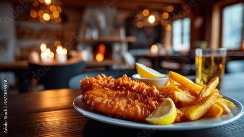 Crispy Fish and Chips with Lemon and Beer in Cozy Restaurant