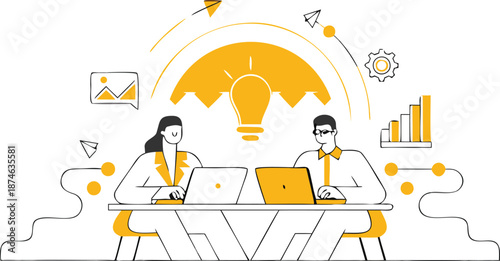 Business team brainstorming ideas with lightbulb moment