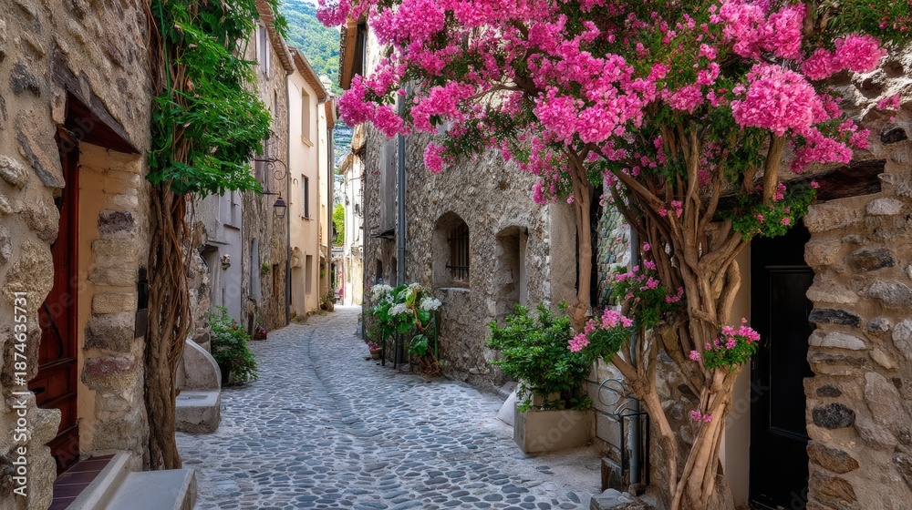 Fototapeta premium Scenic Narrow Cobblestone Street with Blooming Pink Flowers