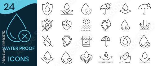 Waterproof line icons set. Water resistant, drops, water protection, moisture  Water protection, liquid proof protection out line icon. Vector illustration. 