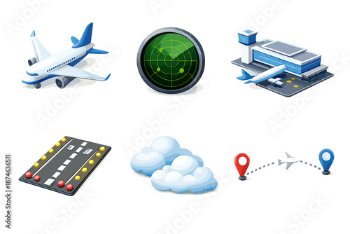Isometric Air Traffic Icons. Air Traffic set in isometric flat vector : Passenger Plane, Radar Screen, Airport Terminal, Runway Lights, Cloud, Flight Route