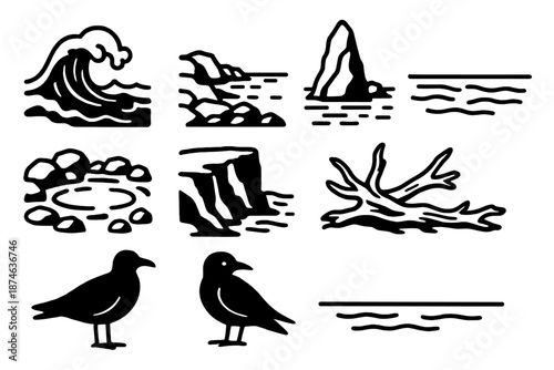 Coastal Icons Collection. Coastal Wild Landscapes set in outline vector style: wave crash, rocky shore, sea stack, tide pool, cliff edge, driftwood, seabird silhouette, horizon line
