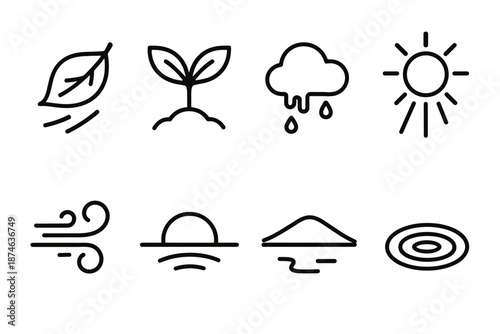 Seasonal Change Icons. Seasonal Shift set in outline vector style: falling leaf, budding sprout, melting snow, warm sun ray, shifting breeze, seasonal arc, horizon line, nature ripple