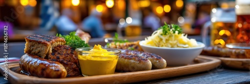 Traditional German Sausage Platter with Mustard and Sauerkraut