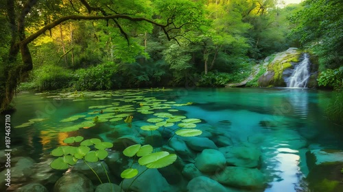 Cinematic Nature Video of Turquoise Lake and Waterfall in Lush Forest Sanctuary