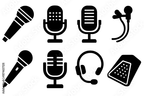 Microphone Icon Set. Microphone types icon set in silhouette bold style. Contain dynamic mic, condenser mic, ribbon mic, lavalier mic, handheld mic, podcast mic, stage headset, boundary mic