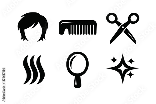 Bold Hairstyle Icons. Hairstyle basics icon set in silhouette bold style. Contain hair silhouette, comb, scissors, mirror, hair strands, styling spark
