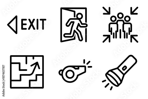 Fire Safety Icons. Fire Safety evacuation set in outline vector style: exit arrow, open door, assembly point icon, route map, whistle, flashlight