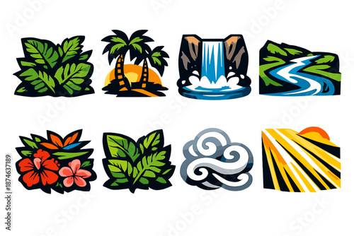 Tropical Icon Set. Tropical waterfall icon set in silhouette bold style. Contain jungle foliage, palm trees, waterfall drop, river bend, colorful flowers, leaf cluster, mist swirl, sunlight ray