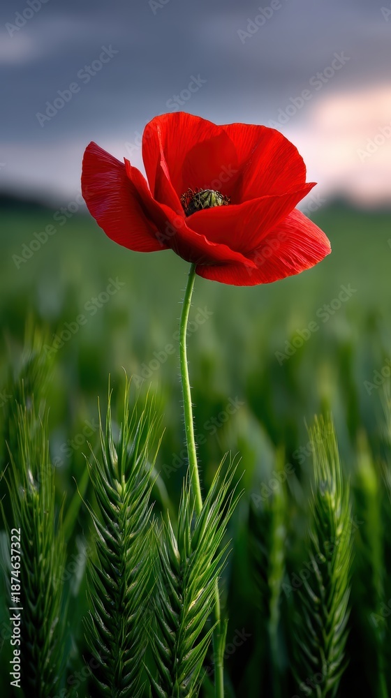 Fototapeta premium Vibrant Red Poppy Flower in a Lush Green Wheat Field