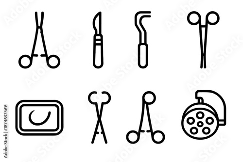 Surgical Icons Collection. Surgical Medical Tools set in outline vector style: forceps, scalpel, retractor, surgical scissors, sterile tray, suture needle, clamp icon, surgical lamp
