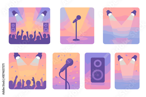Concert Vibes. Live Energy vector set in modern flat style : concert stage, glowing spotlights, silhouetted crowd, soft shadow bands, ambient haze, pastel