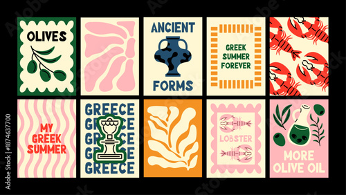 Kitchen poster set focused on Mediterranean cuisine. Olive oil, lemons, seafood and classic coastal vibes in abstract retro illustration style.