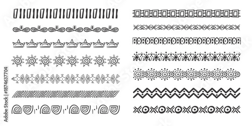 Set african tribal ethnic border, divider doodle hand drawn from geometrical shapes isolated. Boho motif scandinavian srtoke, traditional native decor.