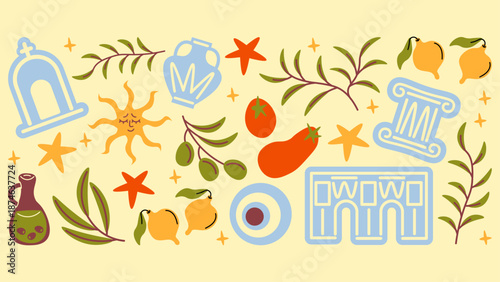 Retro cartoon Greek sticker set with vases, sun, columns, olive branches, lemons, tomatos, olive oil and white houses. Playful doodle style travel illustration.