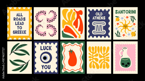 Summer travel posters inspired by Italy and Greece. Ancient columns, citrus fruits and sea elements create a relaxed Mediterranean atmosphere.