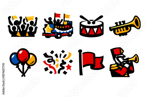 Bold Parade Icons. Parade icon set in silhouette bold style. Contain crowd, parade float, drum, trumpet, balloons, confetti, flag, marching band