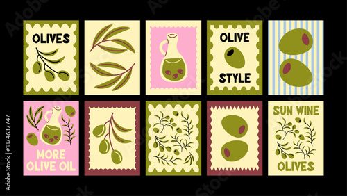 Olive kitchen poster set with bottles of oil, olive leaves and Mediterranean food. Graphic culinary postcards, healthy vibes. Isolated vector wall decor.