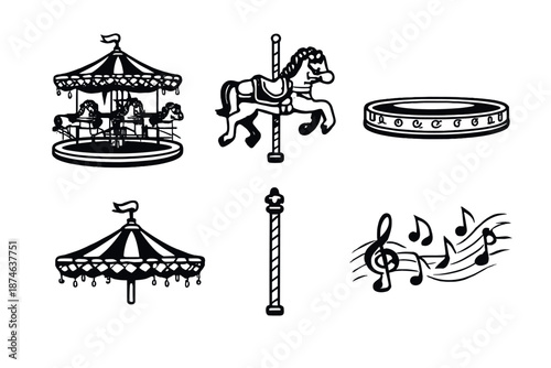 Classic Carousel Delight. Amusement carouselset in outline vector style carousel horse, rotating platform, striped canopy, decorative lights, central pole, music motion lines