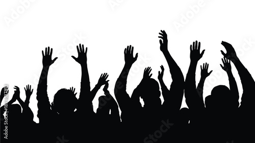 Silhouettes of many people cheering with hands raised high against a bright white background