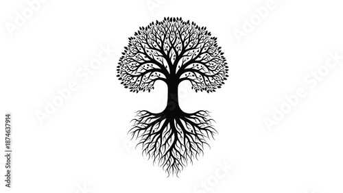 Striking black and white illustration of a flourishing tree of life with deep extensive roots