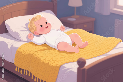 Illustration Of A Small Child Who Has Just Woken Up With Warm Light Coming In Vector Design Template