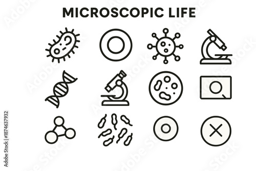 Microscopic Icons Display. Microscopic Life set in outline vector style: bacteria silhouette, single cell icon, virus shape, DNA strand, microscope lens, petri