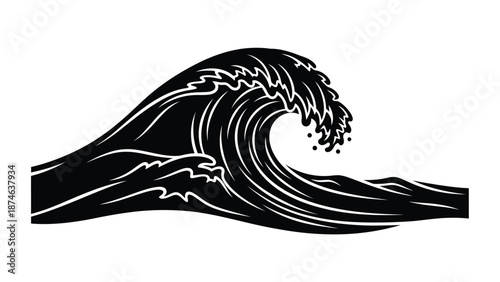 Powerful black and white stylized ocean wave cresting sharply in classic tattoo art design