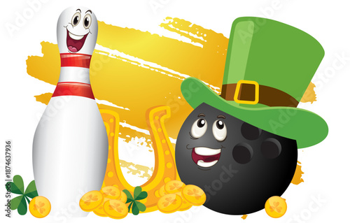 St. Patrick’s Day bowling vector illustration featuring a cute bowling ball and pin with shamrocks, gold coins, rainbow and Irish lucky symbols. Fun cartoon style, bright colors, festive design.
