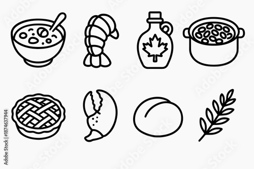 Northeastern Food Icons. Northeastern American Food set in outline vector style: clam chowder bowl, lobster tail, maple syrup jar, baked beans pot, blueberry