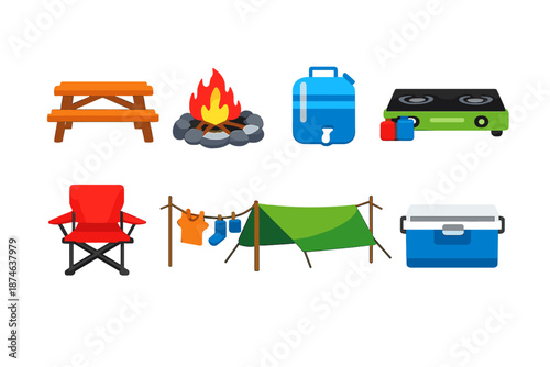 Campsite Essentials Icons. Campsite setup vector set in modern flat style : picnic table, fire ring, water jug, cooking stove, folding chair, rope line, tarp shelter, cooler box
