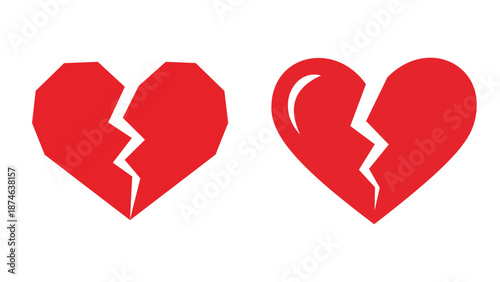 Set of two broken red heart vector illustration icons in flat cartoon style isolated
