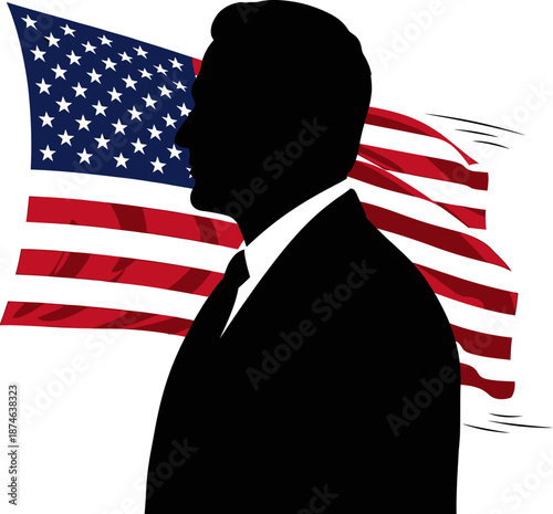 American politician or businessman silhouette against usa flag, presidential candidate
