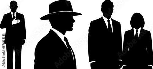 Business people man with hand on heart and man wearing hat group standing silhouettes set