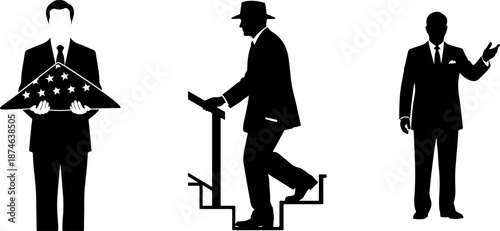 Professional men holding folded flag stepping up stairs and standing vector design icon