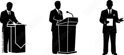 Three different silhouettes of a speaker at podium, businessman at presentation