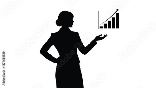 Silhouette of businesswoman presenting upward trending bar chart symbolizing financial growth and success