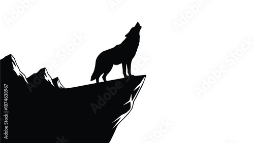 Silhouette of a lone wolf howling dramatically from a high rocky mountain cliff edge