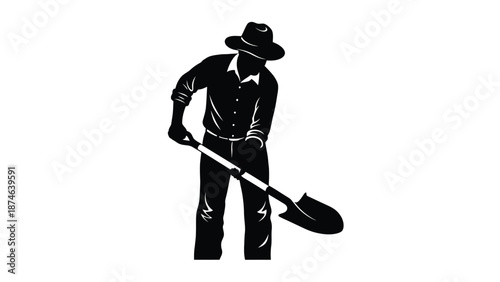 Black and white silhouette of a farmer or gardener wearing a hat holding a large shovel