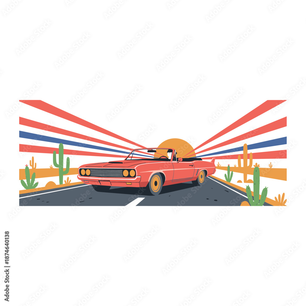 Fototapeta premium Sport car print design for t shirt print, poster, sticker, background and other uses. Fast wheels challenge. Classic convertible desert road trip illu