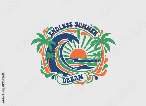Coastal vibes design. Ocean wave artwork. Tropical abstract art design. Endless Summer Dream typography. T shirt print poster sticker background.
