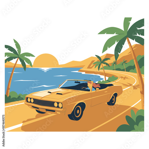 Classic car road trip artwork. Summer coastal drive design. Car print design for t shirt, poster, sticker, background and other uses.