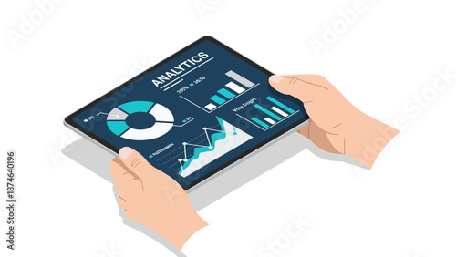 Hands holding tablet with digital analytics dashboard and data visualization charts