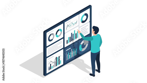 Isometric business analyst examining interactive data dashboard with charts