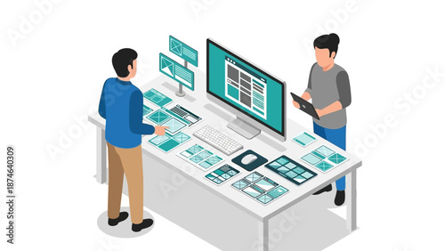 Isometric office scene with designers creating website wireframes on monitors